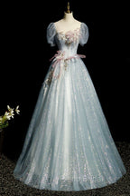 Blue Shiny Tulle Long Formal Prom Dresses with Sequins, A-Line Short Sleeve Party Dresses