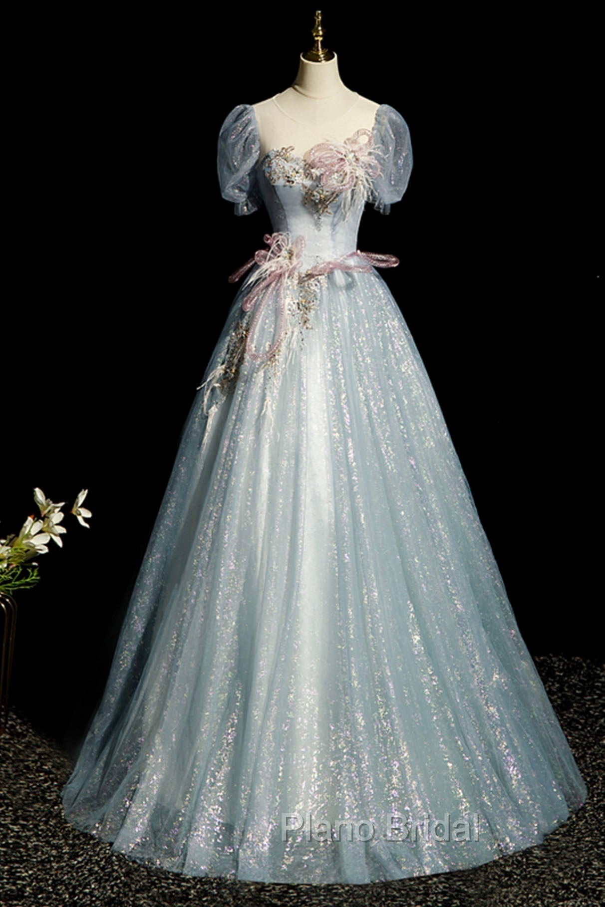 Blue Shiny Tulle Long Formal Prom Dresses with Sequins, A-Line Short Sleeve Party Dresses