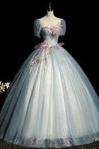 Blue Shiny Tulle Long Formal Prom Dresses with Sequins, A-Line Short Sleeve Party Dresses