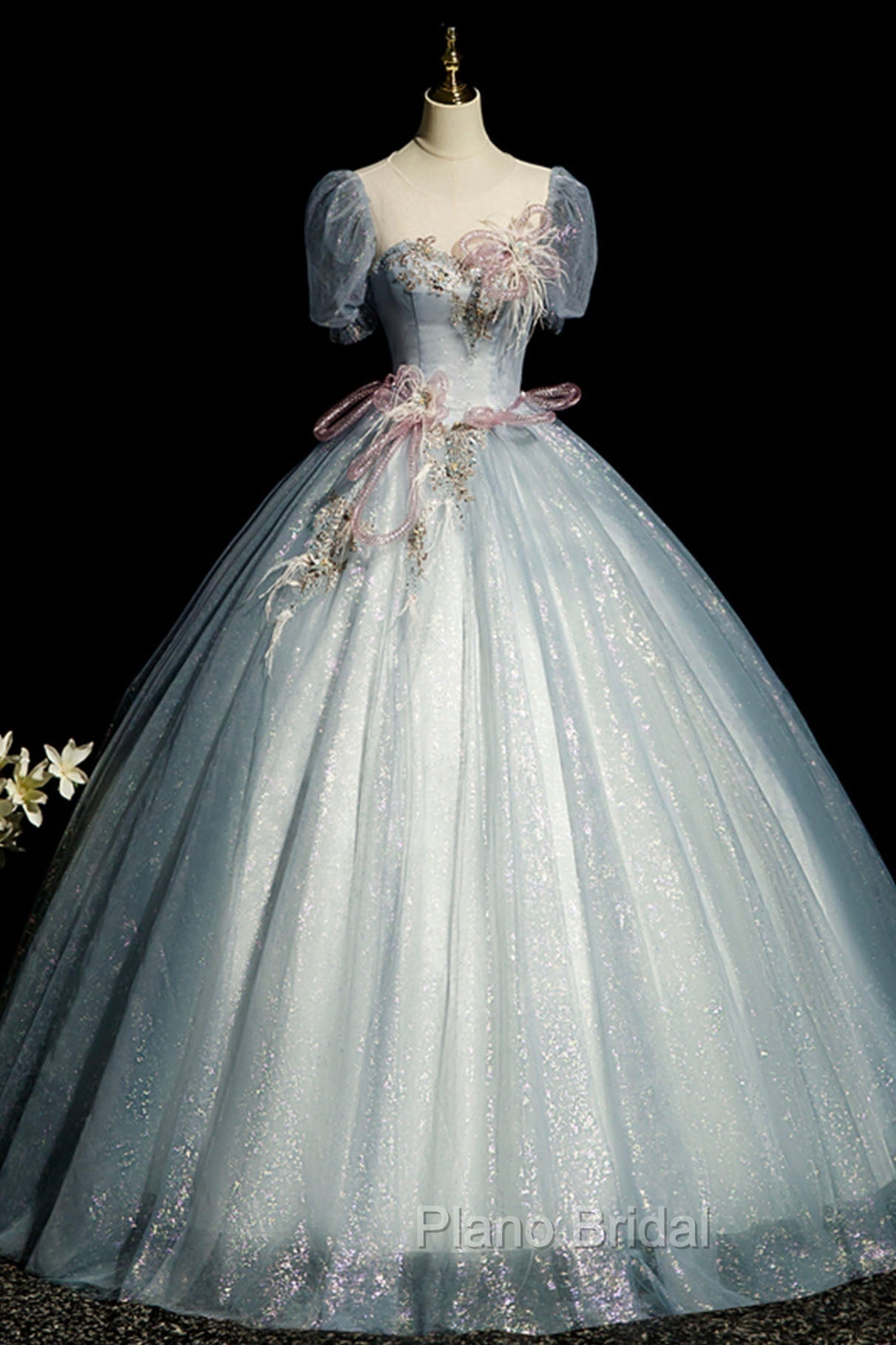 Blue Shiny Tulle Long Formal Prom Dresses with Sequins, A-Line Short Sleeve Party Dresses