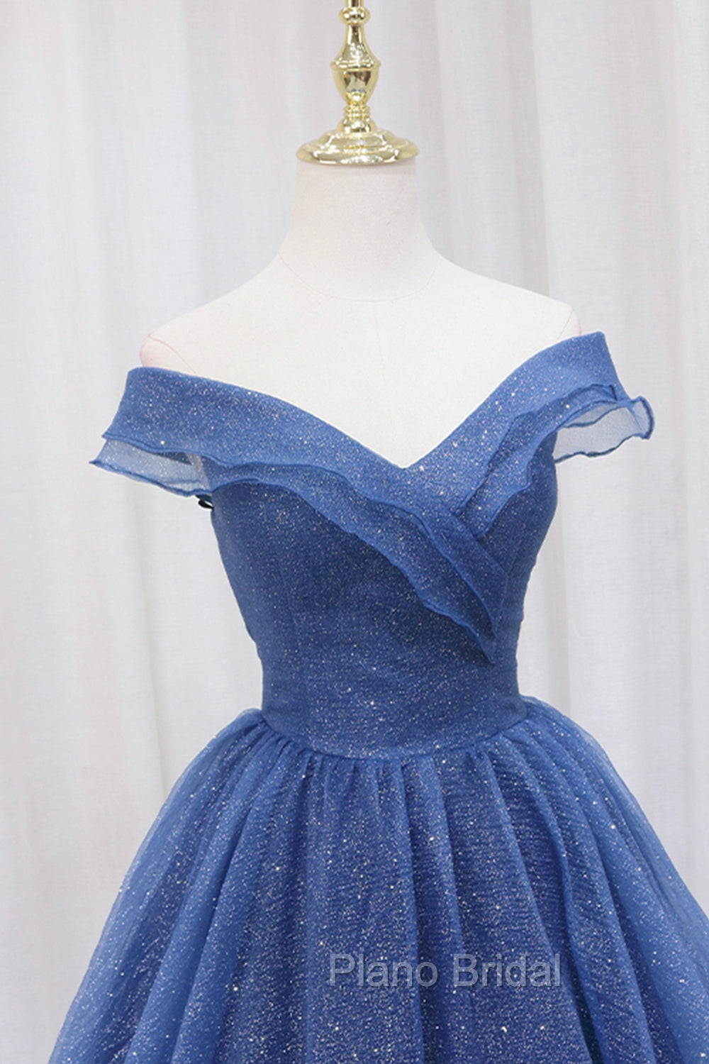 Blue Shiny Tulle Off the Shoulder Formal Prom Dresses, Blue V-Neck Evening Dresses Secondary image