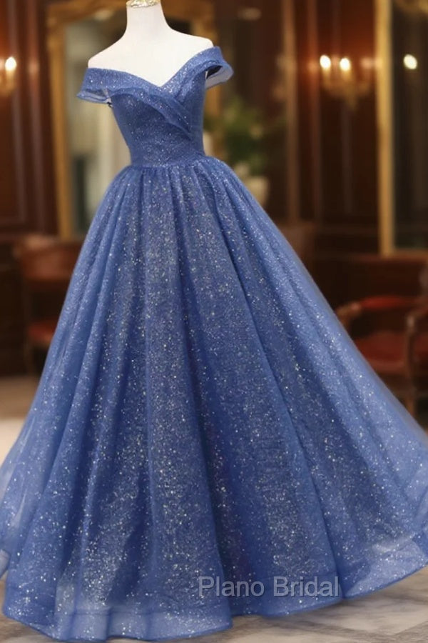 Blue Shiny Tulle Off the Shoulder Formal Prom Dresses, Blue V-Neck Evening Dresses