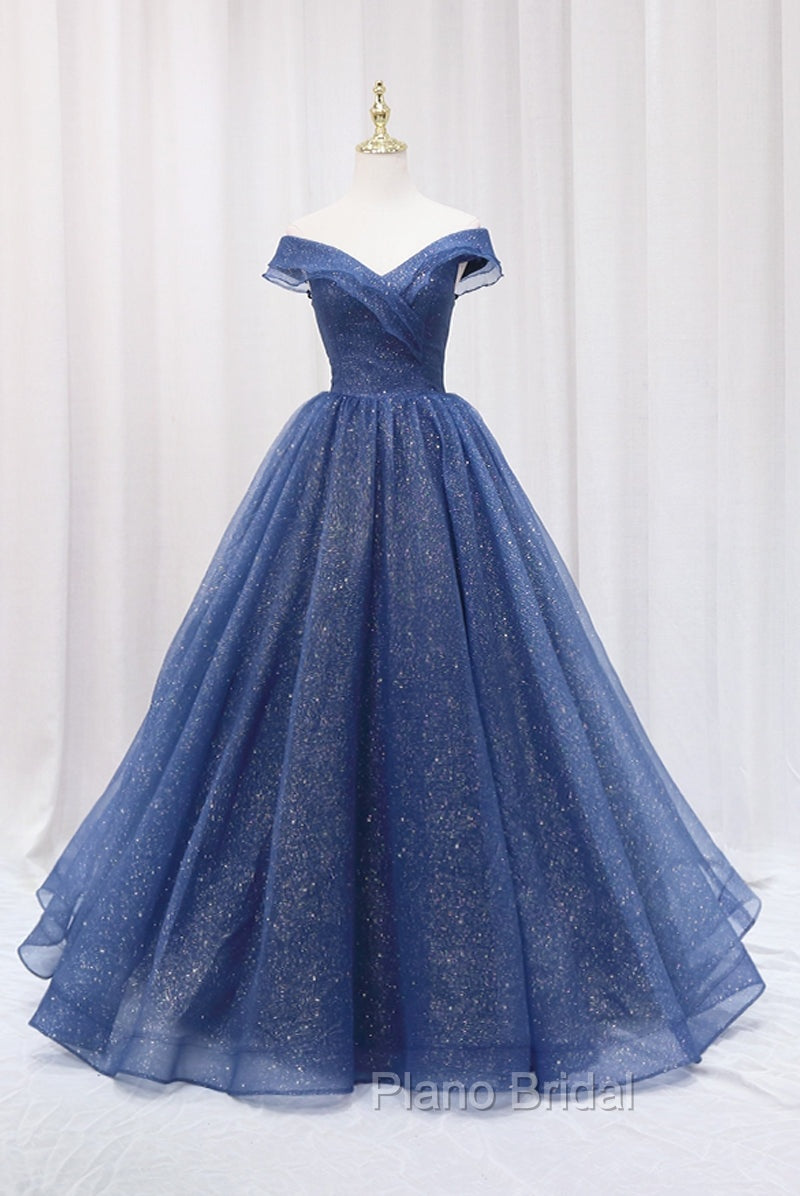 Blue Shiny Tulle Off the Shoulder Formal Prom Dresses, Blue V-Neck Evening Dresses Main image