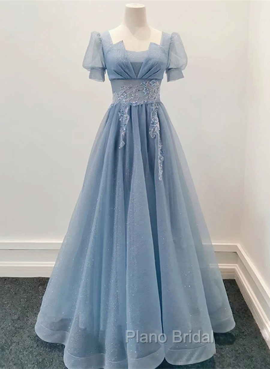 Blue Shiny Tulle Short Sleeves Long Formal Dresses, Blue A-line Formal Prom Dresses Secondary image
