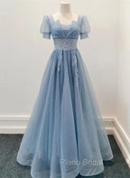 Blue Shiny Tulle Short Sleeves Long Formal Dresses, Blue A-line Formal Prom Dresses