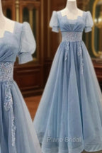 Blue Shiny Tulle Short Sleeves Long Formal Dresses, Blue A-line Formal Prom Dresses