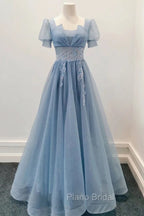 Blue Shiny Tulle Short Sleeves Long Formal Dresses, Blue A-line Formal Prom Dresses