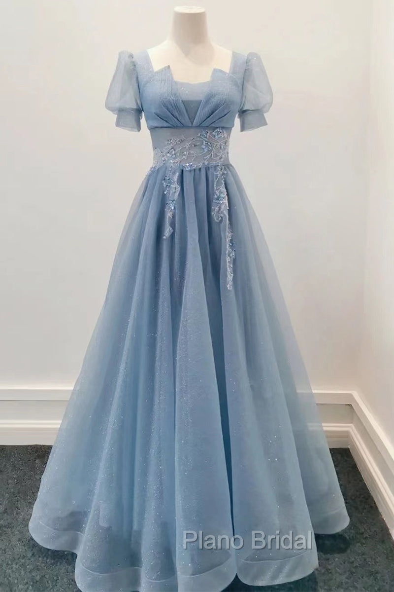Blue Shiny Tulle Short Sleeves Long Formal Dresses, Blue A-line Formal Prom Dresses Main image