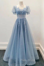 Blue Shiny Tulle Short Sleeves Long Formal Dresses, Blue A-line Formal Prom Dresses