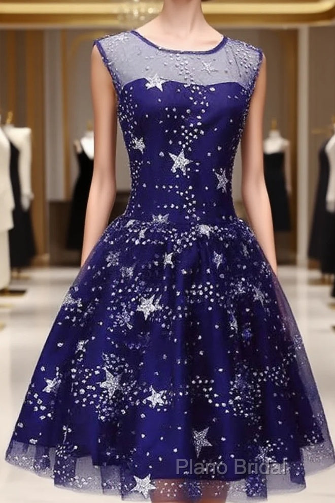 Blue Short Beautiful Homecoming Dresses Tulle SleevelessFormal Prom Dresses, Blue Party Dresses Main image