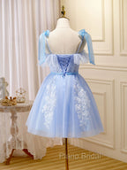 Blue Short Formal Prom Dresses, Puffy Cute Blue Homecoming Dresses with Lace