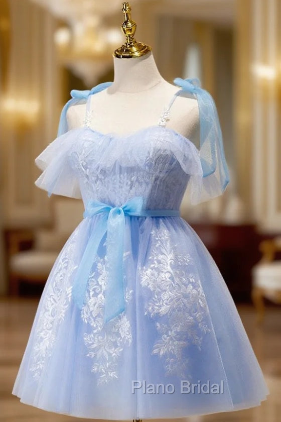 Blue Short Formal Prom Dresses, Puffy Cute Blue Homecoming Dresses with Lace Main image