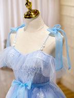 Blue Short Formal Prom Dresses, Puffy Cute Blue Homecoming Dresses with Lace