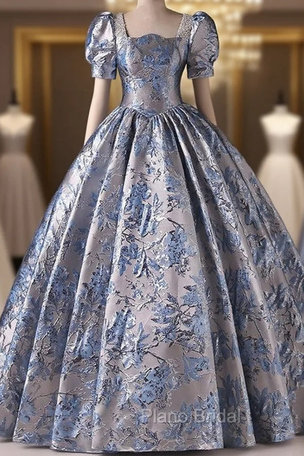 Blue Short Sleee Print Pearls Quinceanera Dresses Main image
