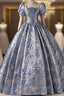 Blue Short Sleee Print Pearls Quinceanera Dresses