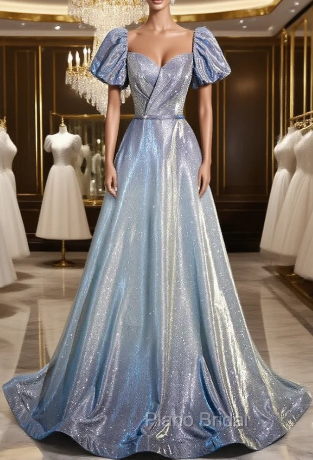 Blue Short Sleeve Pleats Formal Prom Dresses Main image