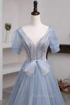 Blue Short Sleeve Tulle Floor Length Formal Prom Dresses with Beaded, Blue A-Line Evening Dresses