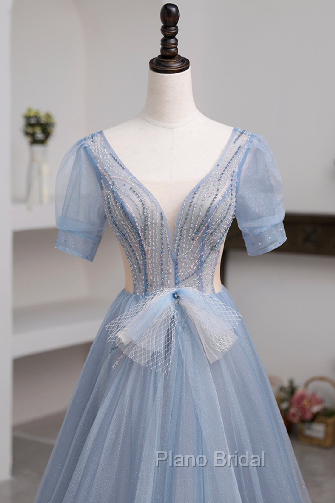 Blue Short Sleeve Tulle Floor Length Formal Prom Dresses with Beaded, Blue A-Line Evening Dresses