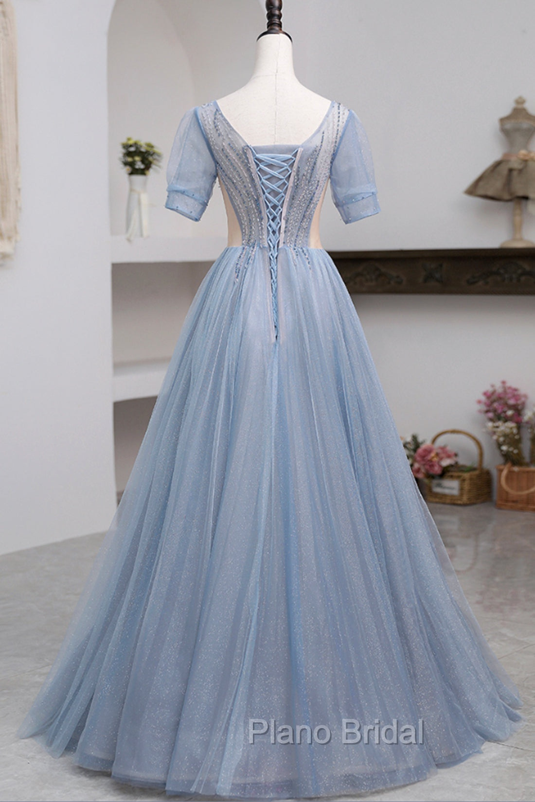 Blue Short Sleeve Tulle Floor Length Formal Prom Dresses with Beaded, Blue A-Line Evening Dresses