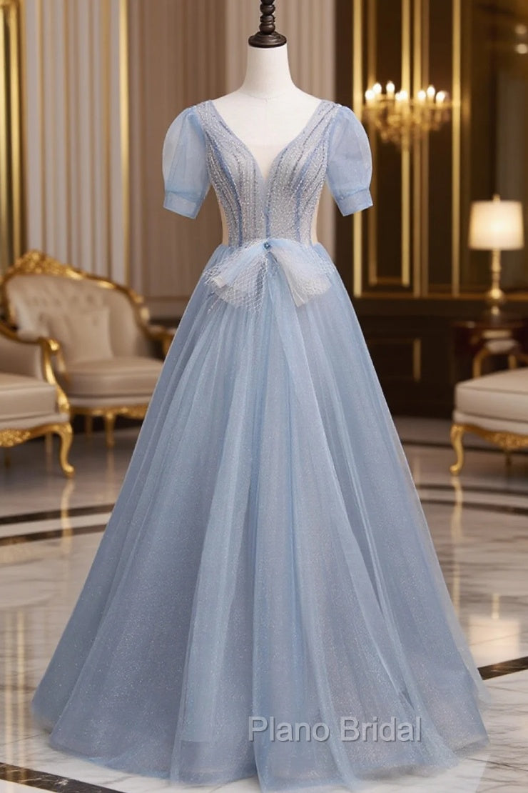 Blue Short Sleeve Tulle Floor Length Formal Prom Dresses with Beaded Main image