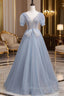 Blue Short Sleeve Tulle Floor Length Formal Prom Dresses with Beaded