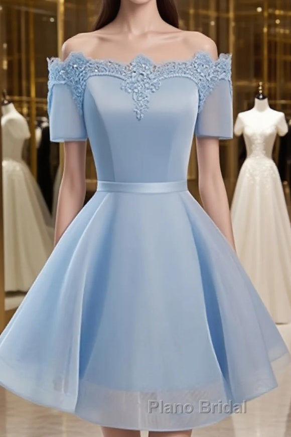 Blue Short Sleeves Lace-up Organza Bow Formal Prom Dresses, Homecoming Dresses Main image