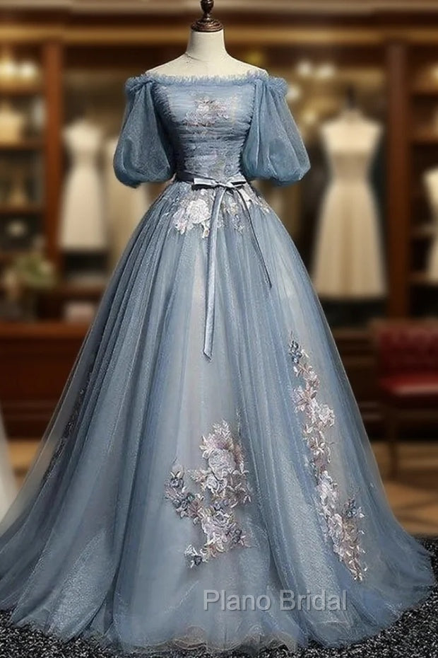 Blue Short Sleeves Long Tulle with Flower Applique Party Dresses, Blue Sweet 16 Dresses Secondary image