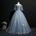 Blue Short Sleeves Long Tulle with Flower Applique Party Dresses, Blue Sweet 16 Dresses