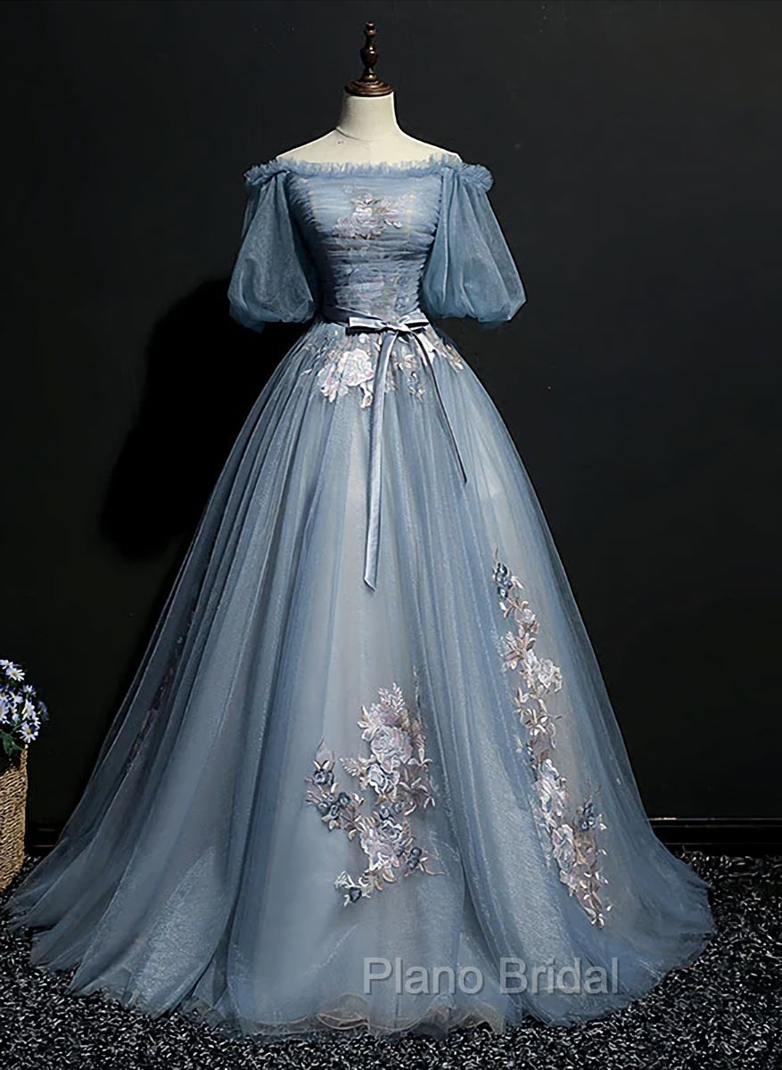 Blue Short Sleeves Long Tulle with Flower Applique Party Dresses, Blue Sweet 16 Dresses