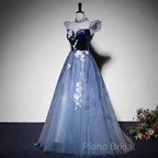 Blue Short Sleeves Tulle With Lace Long Party Dresses, Blue Formal Gowns