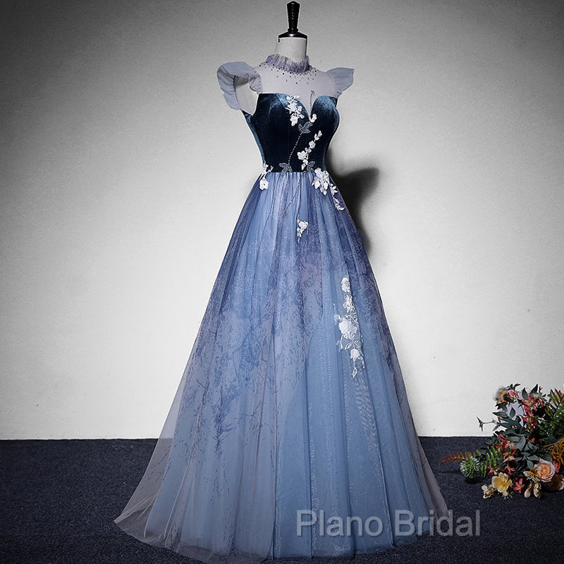 Blue Short Sleeves Tulle With Lace Long Party Dresses, Blue Formal Gowns