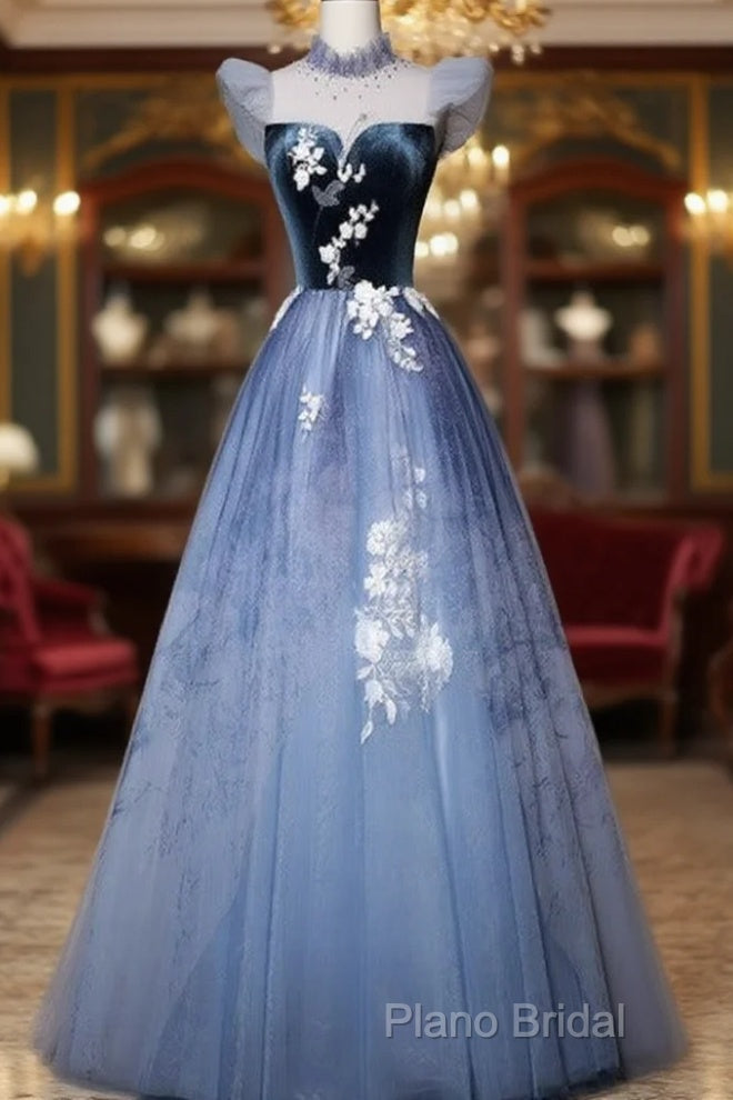 Blue Short Sleeves Tulle With Lace Long Party Dresses, Blue Formal Gowns Main image