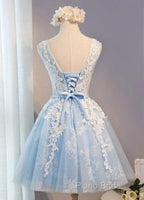 Blue Simple Tulle Homecoming Dresses Lace Applique, Baby Blue Sash Backless A Line Knee Length Formal Dresses
