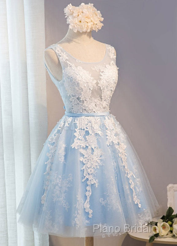 Blue Simple Tulle Homecoming Dresses Lace Applique, Baby Blue Sash Backless A Line Knee Length Formal Dresses