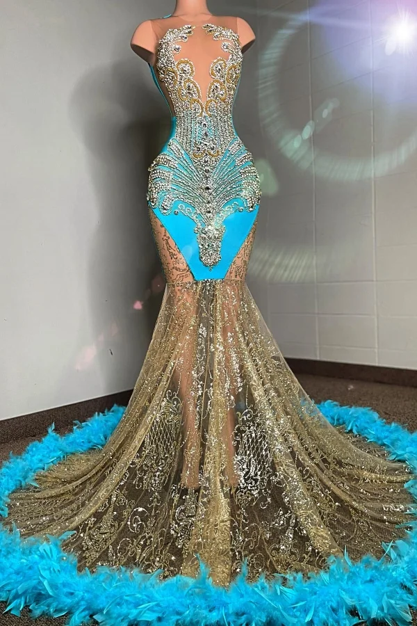 Blue Sleeveless Sparkle Sequin V-Neck Feathers Mermaid Prom Dresses