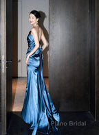Blue Soft Satin Long Formal Prom Dresses With Leg Slit, Blue Evening Dresses Formal Dresses