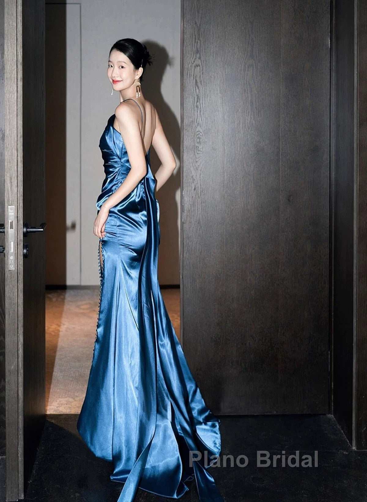 Blue Soft Satin Long Formal Prom Dresses With Leg Slit, Blue Evening Dresses Formal Dresses