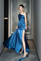 Blue Soft Satin Long Formal Prom Dresses With Leg Slit, Blue Evening Dresses Formal Dresses