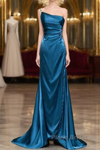 Blue Soft Satin Long Formal Prom Dresses With Leg Slit, Blue Evening Dresses Formal Dresses