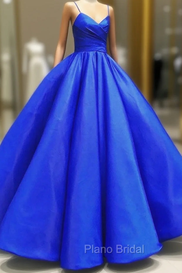 Blue Spaghetti Satin Long Formal Dresses, A-Line Evening Party Gown