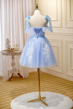 Blue Spaghetti Strap Lace Short Formal Prom Dresses, Lovely A-Line Homecoming Dresses
