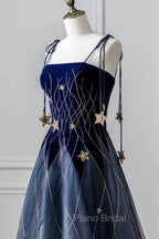 Blue Spaghetti Strap Long Formal Prom Dresses with Star, Blue Evening Party Dresses