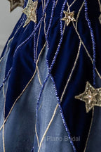 Blue Spaghetti Strap Long Formal Prom Dresses with Star, Blue Evening Party Dresses
