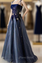Blue Spaghetti Strap Long Formal Prom Dresses with Star, Blue Evening Party Dresses