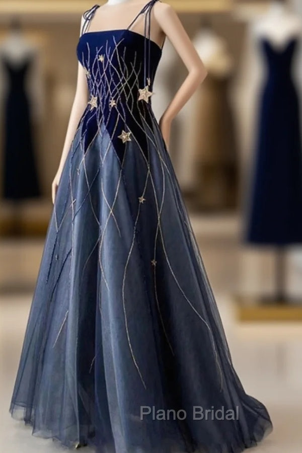 Blue Spaghetti Strap Long Formal Prom Dresses with Star, Blue Evening Party Dresses
