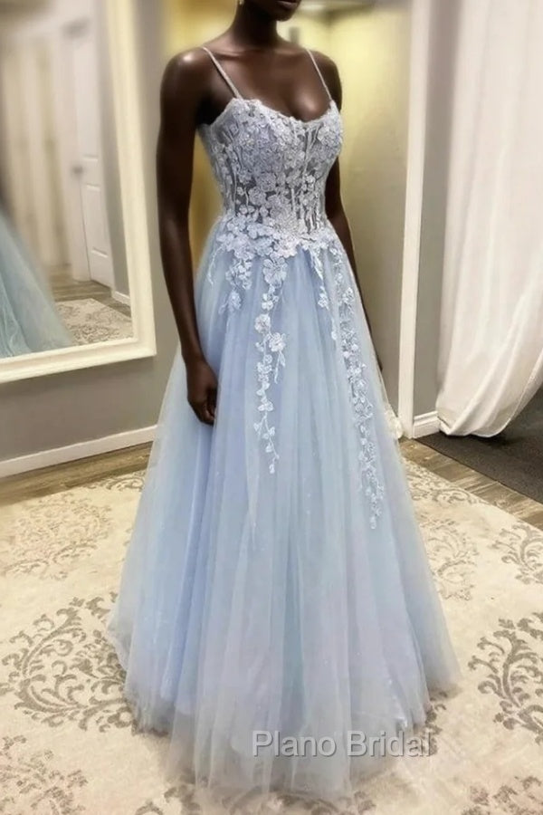 Blue Spaghetti Strap Tulle Appliques Formal Prom Dresses Main image
