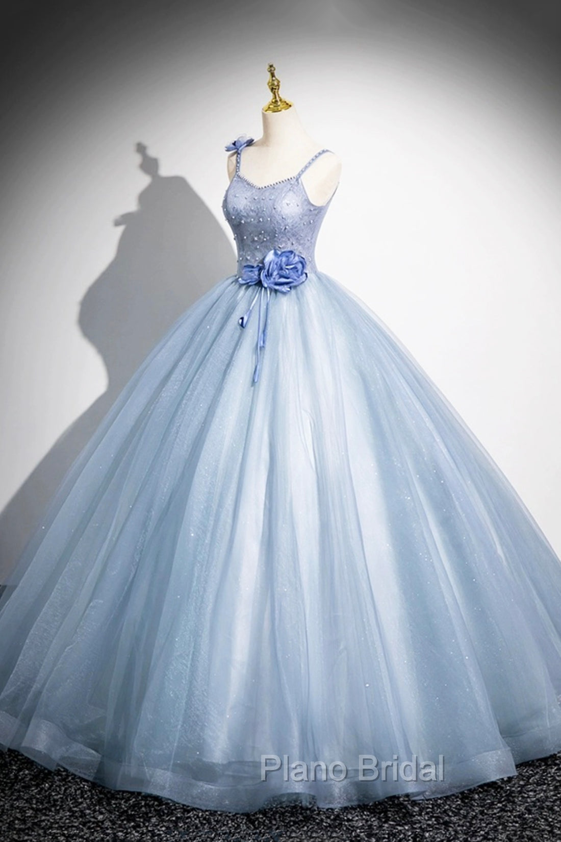 Blue Spaghetti Strap Tulle Floor Length Formal Prom Dresses, Pretty A-Line Evening Party Dresses Secondary image