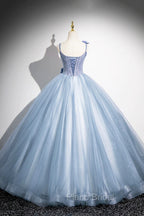 Blue Spaghetti Strap Tulle Floor Length Formal Prom Dresses, Pretty A-Line Evening Party Dresses