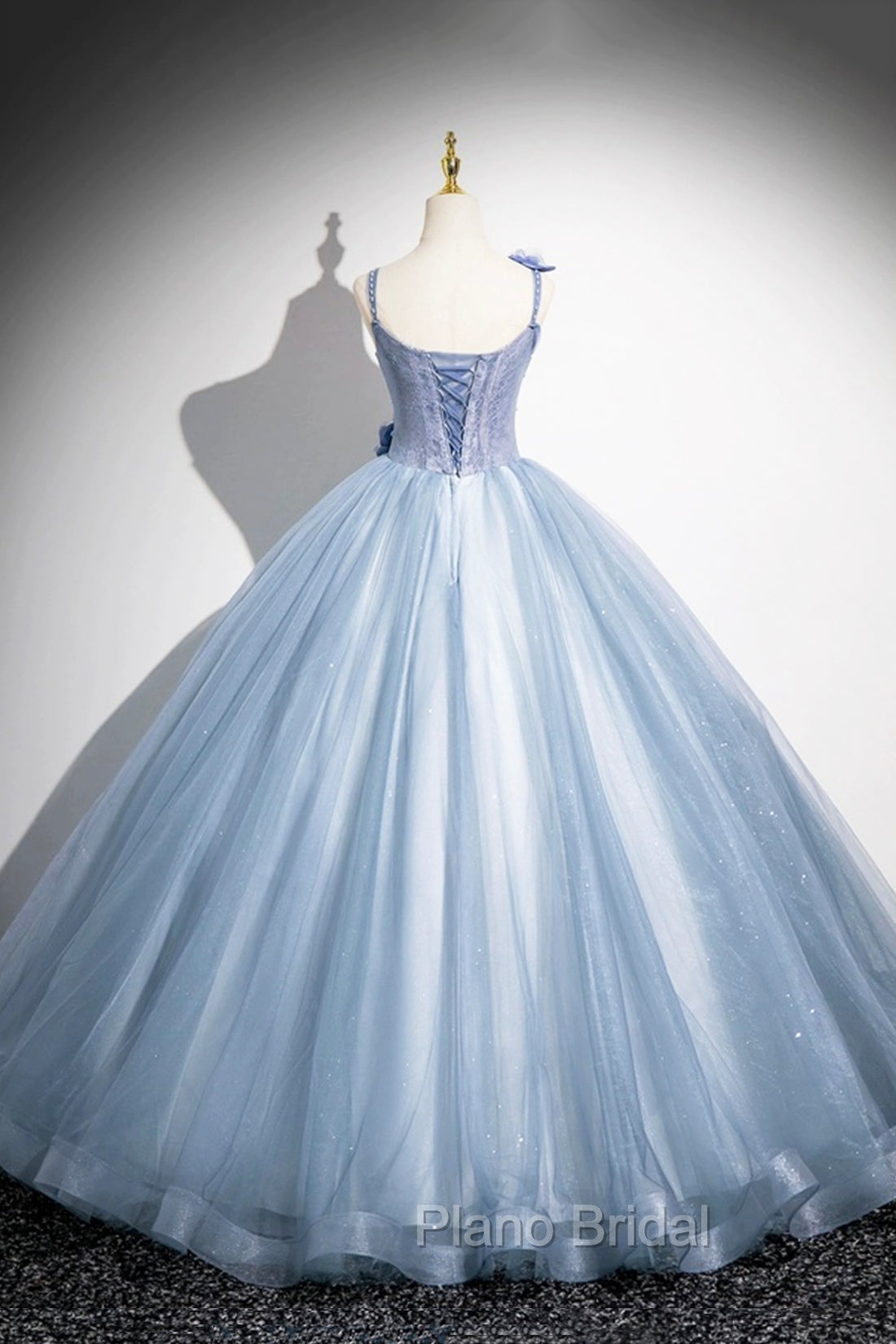 Blue Spaghetti Strap Tulle Floor Length Formal Prom Dresses, Pretty A-Line Evening Party Dresses