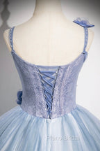 Blue Spaghetti Strap Tulle Floor Length Formal Prom Dresses, Pretty A-Line Evening Party Dresses